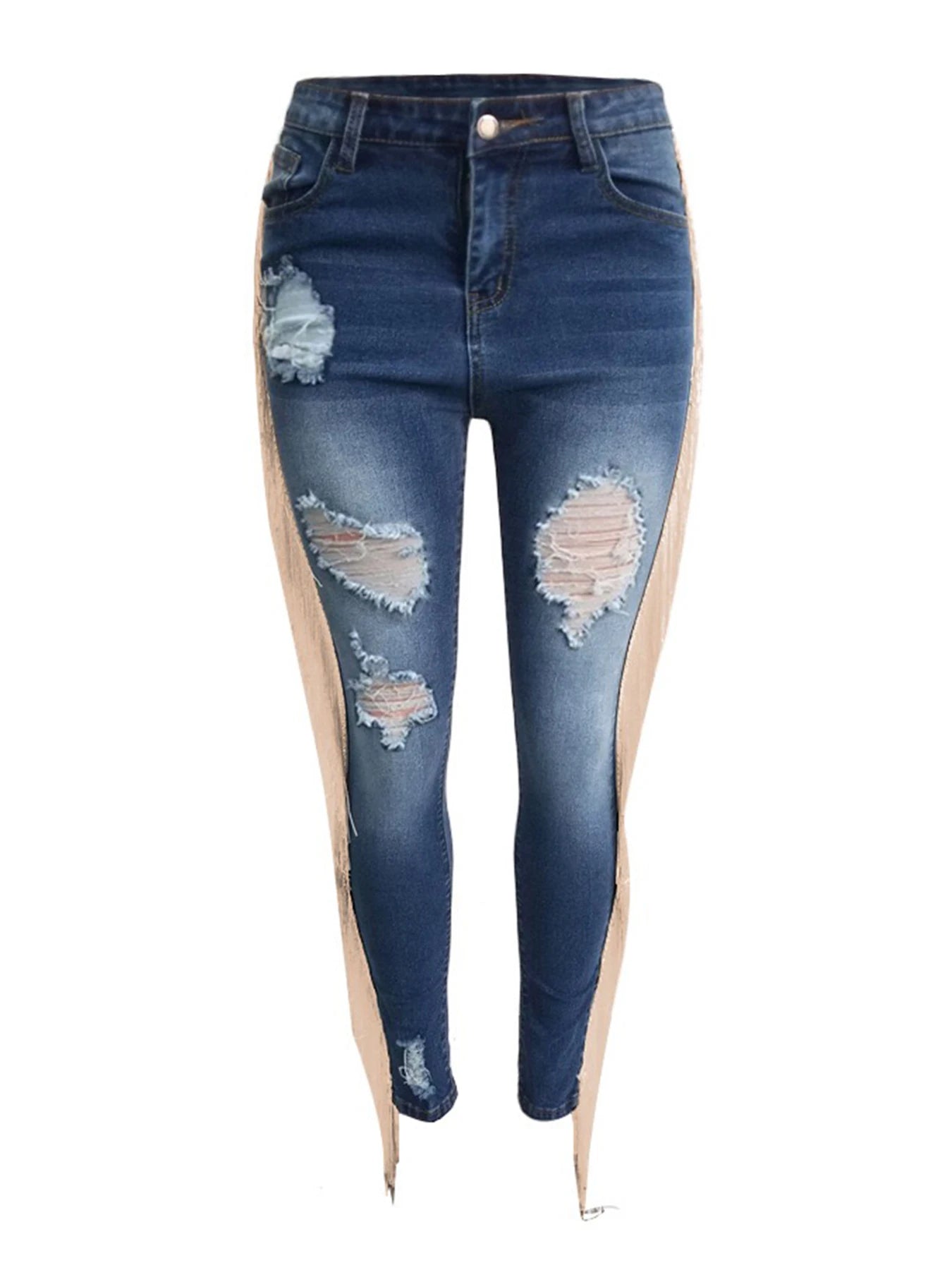 HIGH WAIST DISTRESSED TASSEL JEANS