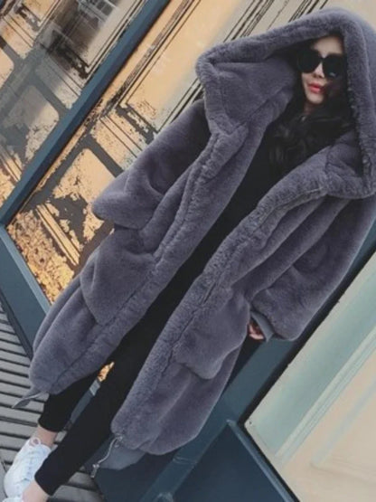Women's Hooded Faux Fur Coat Mid Length Coats Loose Plush Thickening Warm Casual Fashion Autumn Winter New