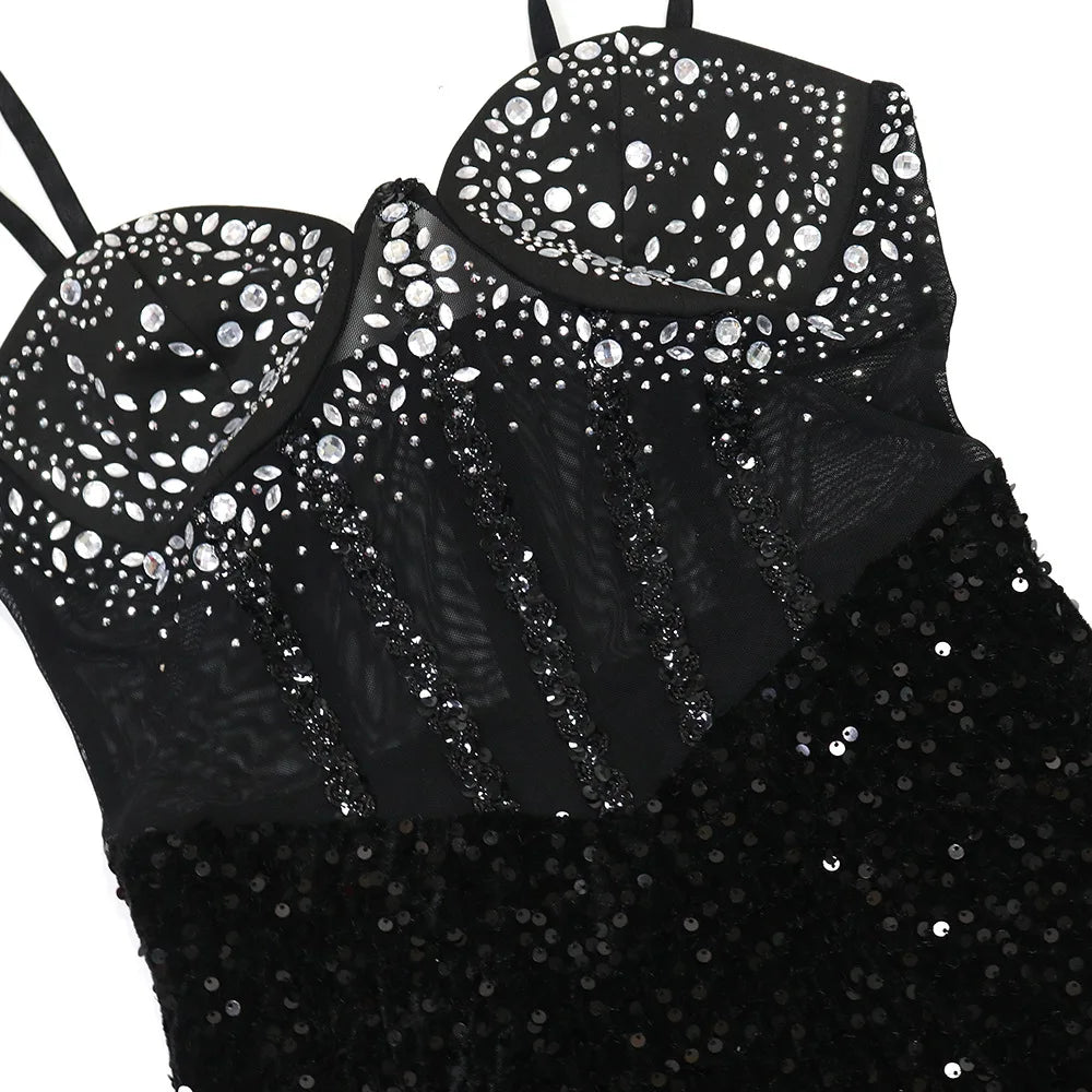 MESH STRAPLESS SEQUIN DRESS