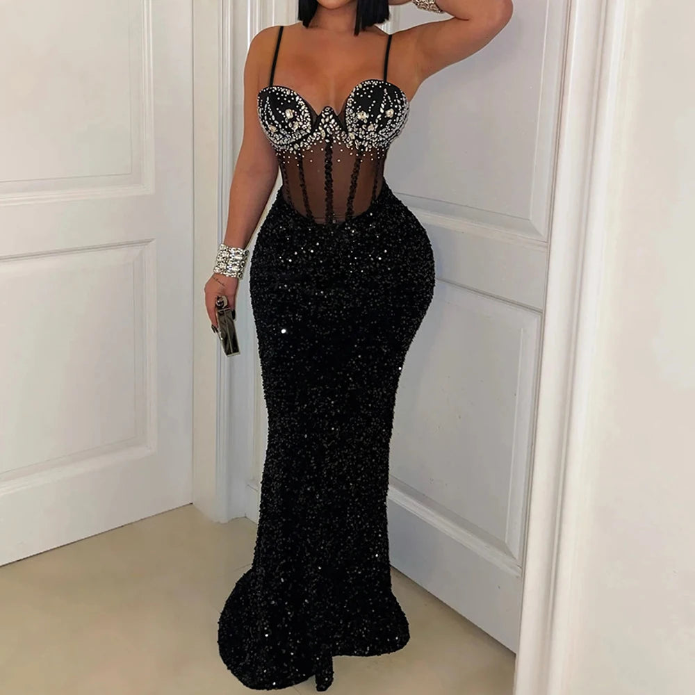 MESH STRAPLESS SEQUIN DRESS