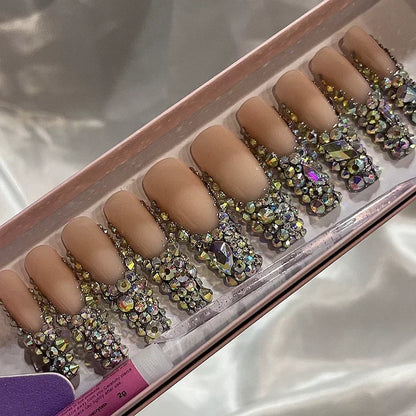 10 PCS BEJEWELD LUXURY DESIGNER LONG NAILS