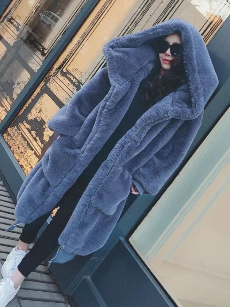 Women's Hooded Faux Fur Coat Mid Length Coats Loose Plush Thickening Warm Casual Fashion Autumn Winter New