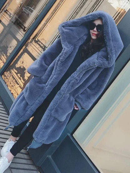 Women's Hooded Faux Fur Coat Mid Length Coats Loose Plush Thickening Warm Casual Fashion Autumn Winter New