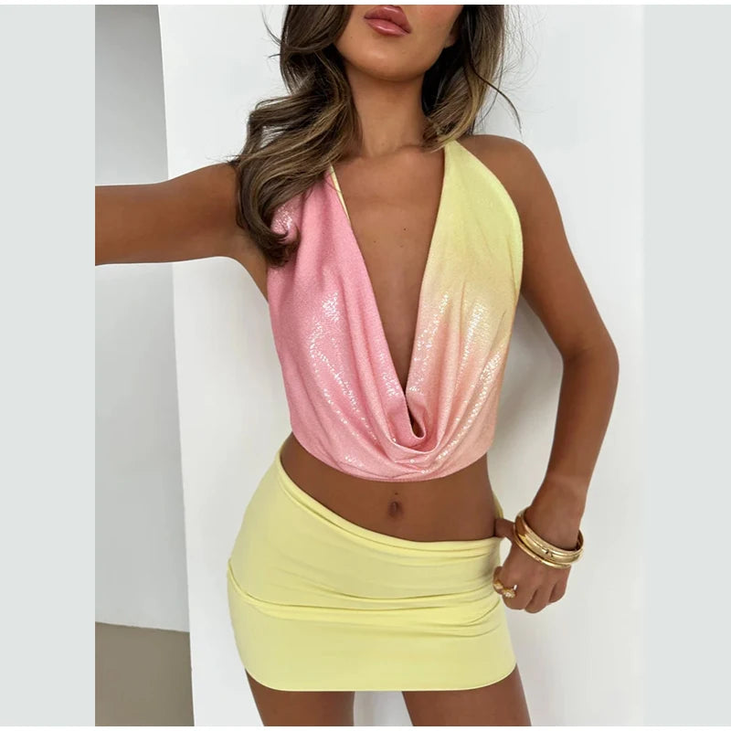 SEQUINED HALTER SKIRT SET