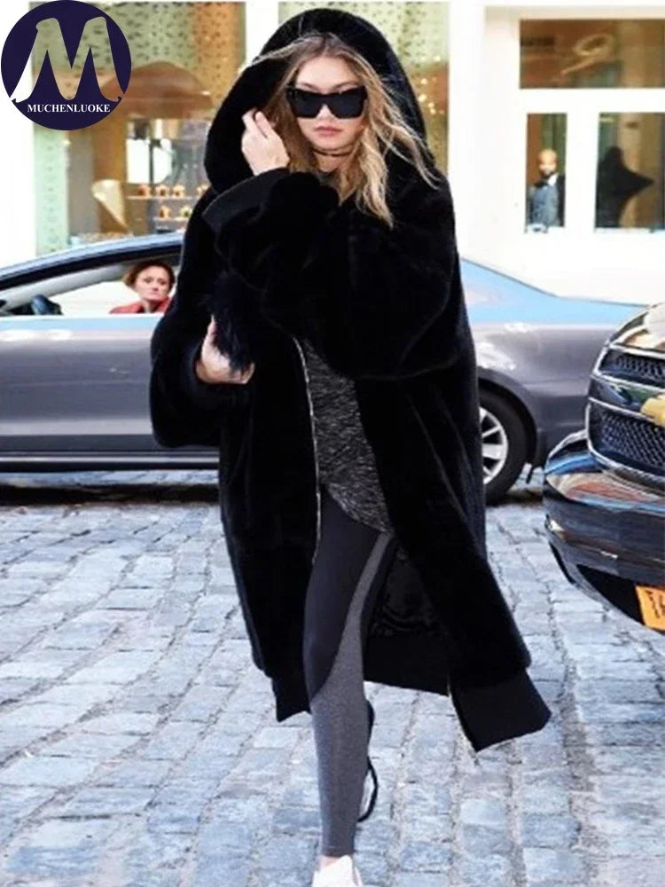 Women's Hooded Faux Fur Coat Mid Length Coats Loose Plush Thickening Warm Casual Fashion Autumn Winter New
