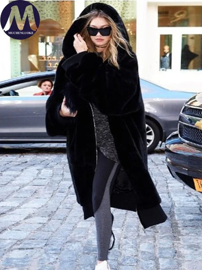 Women's Hooded Faux Fur Coat Mid Length Coats Loose Plush Thickening Warm Casual Fashion Autumn Winter New