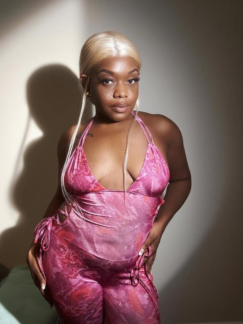 TYE DIE PINK PRINT HALTER ROMPER